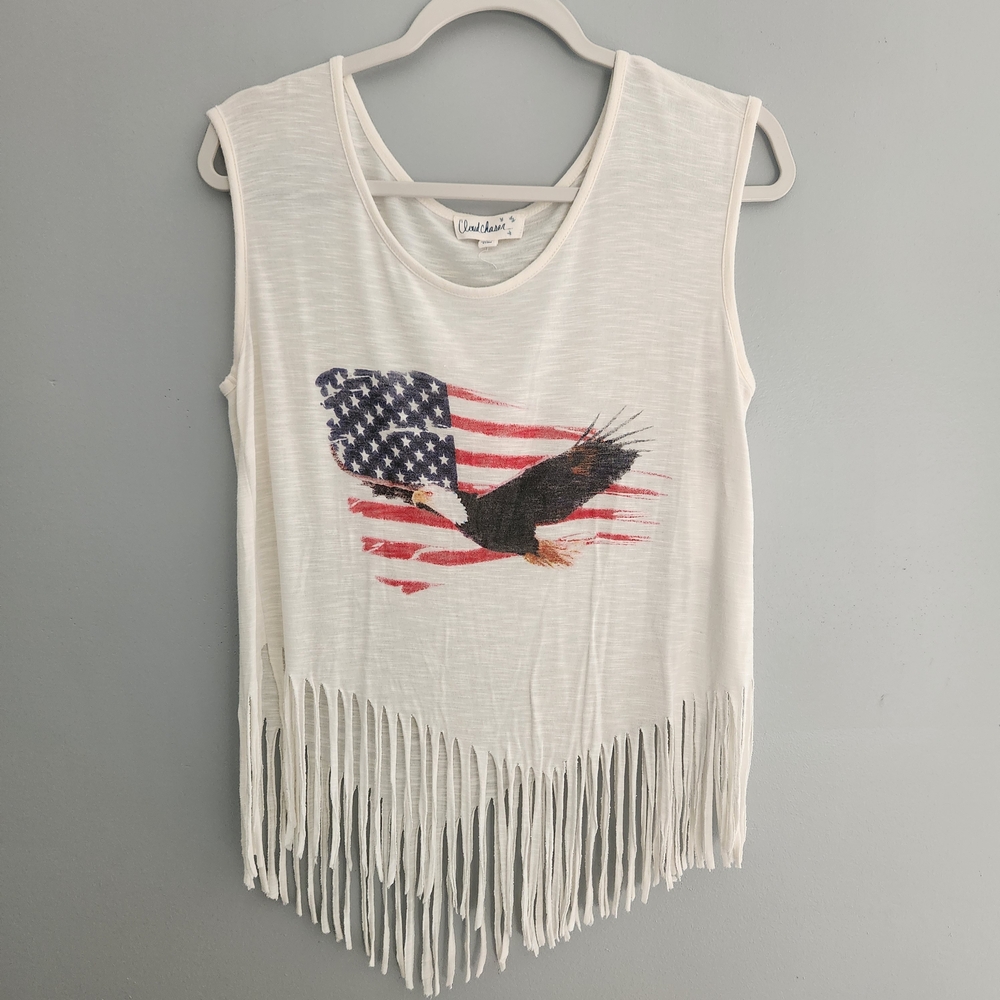 Cloud Chaser Sleeveless White Fringe Tank Top with American Flag and Eagle